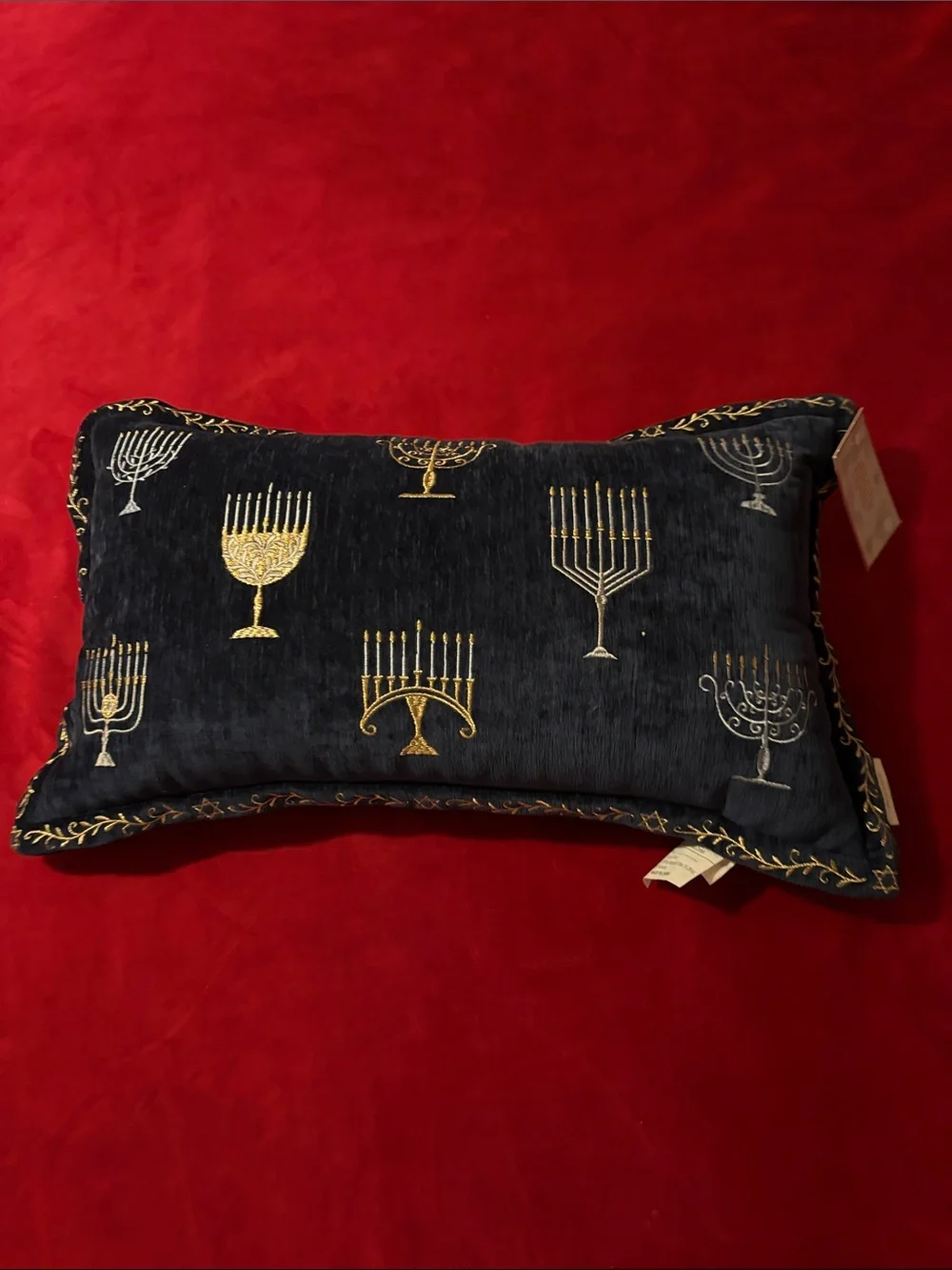 Hanukkah Menorah Pillow Navy Blue Velour
